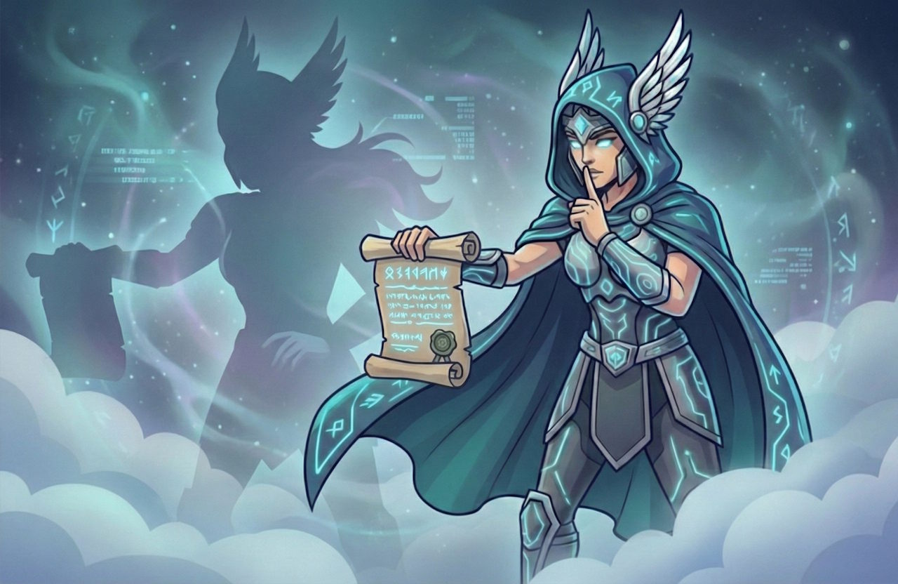 Stylized figure wearing a digital cloak, symbolizing Visk's total anonymity with signed messages.